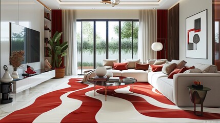 luxurious living room with red and white tufted wavestyle carpet aesthetic interior design digital painting