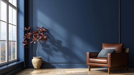 luxurious navy blue living room with inviting leather armchair digital painting