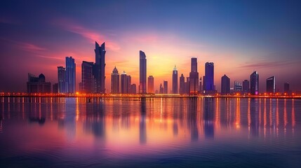 Fototapeta premium majestic abu dhabi skyline at golden sunset illuminated skyscrapers and calm waters cityscape photography