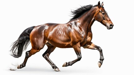 Fototapeta premium majestic brown horse galloping on white background equestrian photography