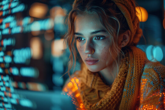 A young woman seriously working on a coding project on her laptop.