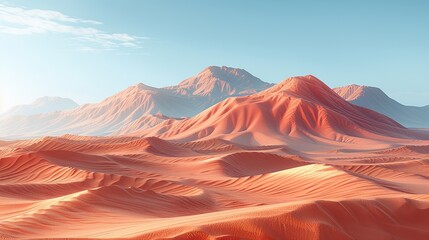 Naklejka premium Ultra-Realistic 3D Rendering of Sahara Desert Dunes with Intricate Sand Textures and Subtle Color Gradients in a Clear Sky. Cinematic Atmosphere Capturing the Vastness and Iconic Patterns of Rolling S