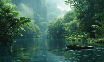 A jungle river winding through dense foliage, with a small boat navigating the waters, adventurous and serene, cool tones, digital painting,