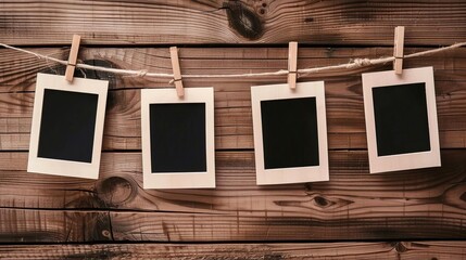 Fototapeta premium memory showcase blank photo frames hanging on clothesline wooden background nostalgia concept illustration