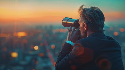 A businessperson looking through a telescope at a distant target, symbolizing long-term vision and strategic planning in the business environment.