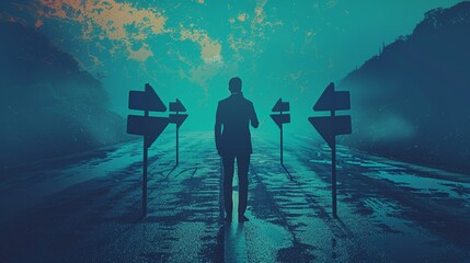 A businessperson standing at a crossroads with multiple signposts pointing in different directions, symbolizing strategic decision-making and choosing the right path for business s