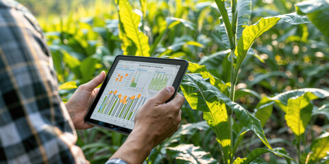 Person using tablet in a green field