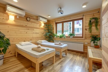 Cozy spa room with wooden decor, warm lighting, and greenery, creating a serene and inviting atmosphere for relaxation