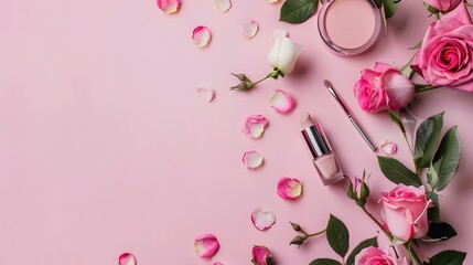 Makeup Products and Rose Flowers on Pink Background