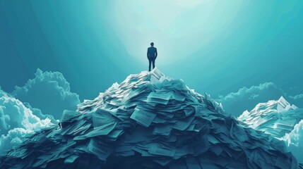 A creative illustration of a business leader standing on top of a mountain of paperwork, symbolizing the challenges and triumphs of managing a successful company.