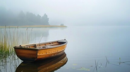 misty morning on the lake rowboat in fog serene landscape panorama nature photography