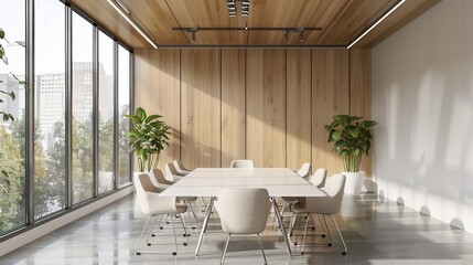 mockup of modern office meeting room with panoramic window showcasing productivity and collaboration 3d rendering