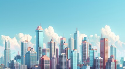 Fototapeta premium A detailed illustration of a city skyline with skyscrapers and office buildings, representing the corporate world and business opportunities.