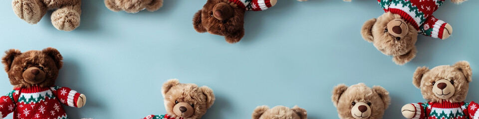 Baby kids toy frame background featuring an assortment of charming caramel and cocoa teddy bears, all wearing bright 