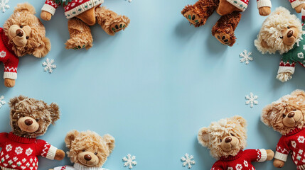 Baby kids toy frame background featuring a delightful mix of caramel, ginger, and cocoa teddy bears, each in bright 