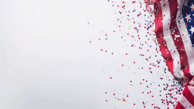American flag with red, white, and blue confetti on a white background. Symbolic celebration of Independence Day with festive elements.
