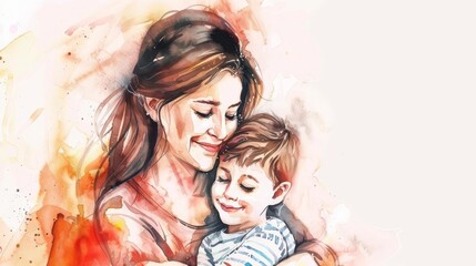 mother and son hugging heartwarming family love watercolor illustration on white background