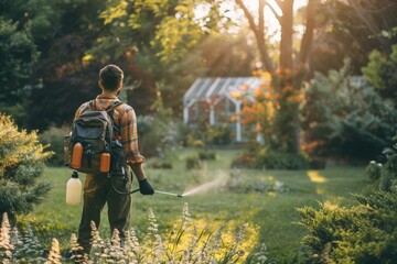 Man spraying insect repellent in a backyard garden during summer