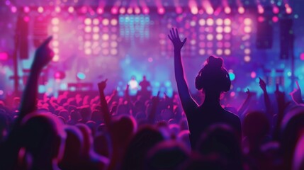Excited crowd with raised hands at a concert, smoke effects and vibrant lights. Energetic music festival atmosphere.
