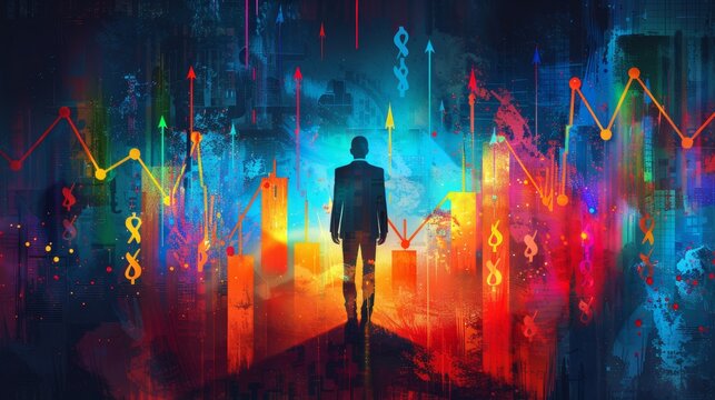 A vibrant illustration of a businessperson standing on a rising graph, symbolizing successful sales growth, with arrows and dollar signs in the background.