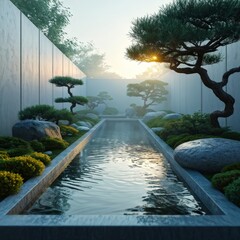  zen garden at dawn enveloped, generative ai