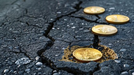 golden coins in cracked asphalt symbolizing corruption and bribery in society concept photo