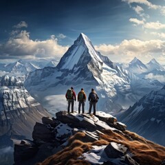 majestic snow capped mountain peak with a team of brave adventurers, generative ai