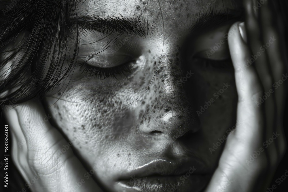 Sticker closeup black and white photo of a thoughtful woman with freckles, hand on face