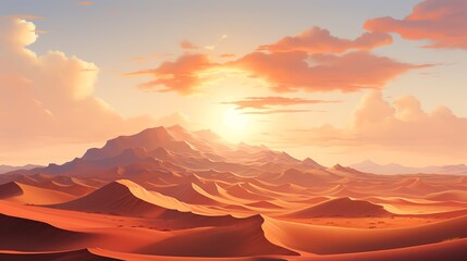 Naklejka premium Stunning sunset over a vast desert landscape with rolling sand dunes and distant mountains.