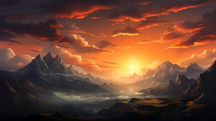 Epic mountain range sunset with dramatic clouds.