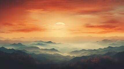 Fototapeta premium Photography of layered mountain silhouettes against a vibrant sunset sky, capturing the deep oranges and reds fading into dusky blues