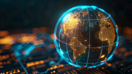 Neon blue and gold globe, world economic and financial concept
