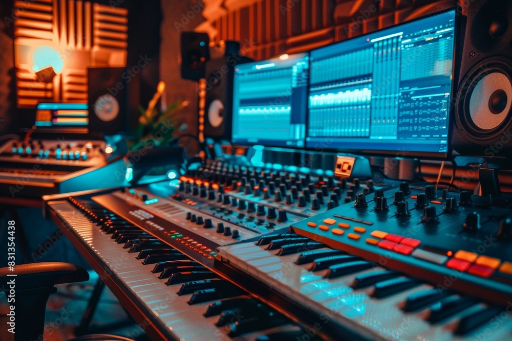 Poster a modern recording studio filled with multiple monitors and professional sound equipment for produci
