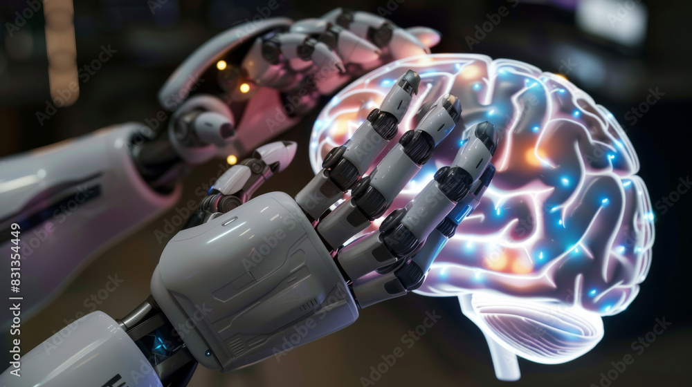 Poster artificial intelligence robot is holding a neon glow brain in its hands, ai machine learning technol