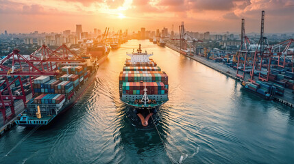 Cargo ship entering port at sunset