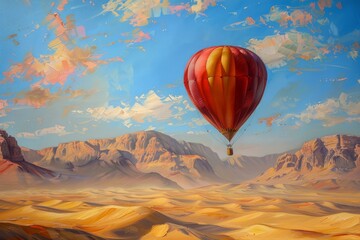 Obraz premium Tranquil scene with a vibrant hot air balloon floating over an expansive desert under a painterly sky