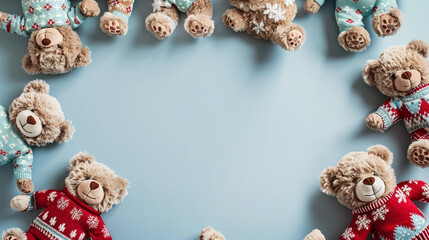 Baby kids toy frame background featuring a collection of adorable teddy bears for children, posed on a light blue background in a playful arrangement. 