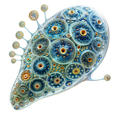 Blue and Yellow Bacterial Cell with Detailed Surface Structure, medical illustration, educational purposes, scientific research, disease awareness,  isolated, transparent background, healthcare, 