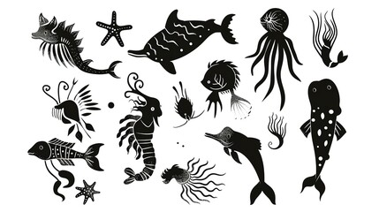 Naklejka premium Enchanted sea creatures flat design side view fantasy theme water color black and white 