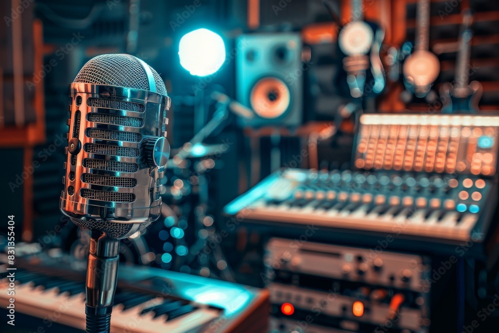 Poster a microphone stands proudly amidst a symphony of sound equipment in a vibrant recording studio, read