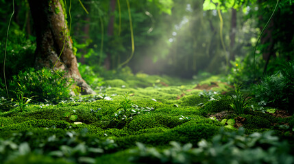 Obraz premium Trees in a forest with mossy ground and vines. A forest during a heavy rain in backlight