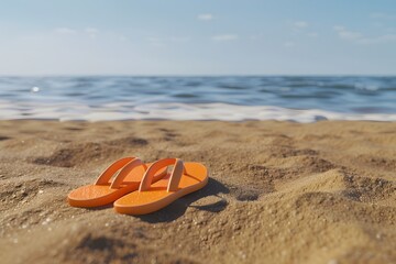 Orange Flip-Flops on Beach with Space for Text, Summer Vacation