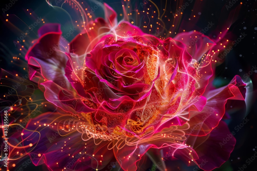 Poster a watercolor painting of a single rose with vibrant colors and an abstract background. include a lig