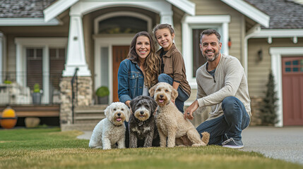 Happy Family with Dogs Posing in Front of House