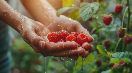 Fresh wet raspberries in the hand