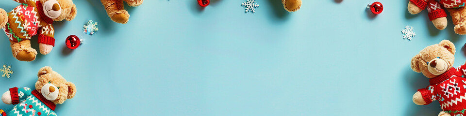Baby kids toy frame background featuring a mix of cuddly ginger and apricot teddy bears, each in colorful Christmas sweaters decorated 