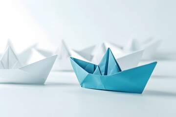 Blue Paper Boat Leading White Boats on White Background
