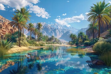 Obraz premium A lush oasis in the middle of a desert, with palm trees and a clear blue pond reflecting the sky, vibrant colors, photorealistic style,