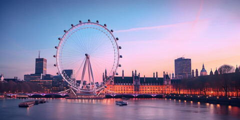 Obraz premium View of the big London eye during a magical twilight hour