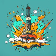 Oil rig explosion flat design top view ocean theme cartoon drawing Triadic Color Scheme